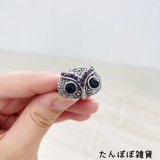 新品　合金レトロ風キラキラストーン付　ふくろう頭　リング指輪調節可紫色　男女兼用(リング(指輪))