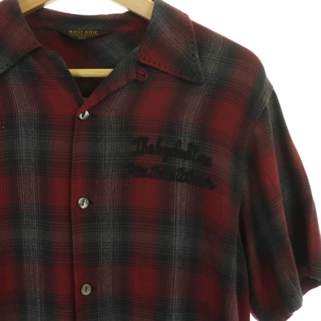 ウエストライド チェックシャツ 半袖 オープンカラー 刺繍 S 赤 レッド