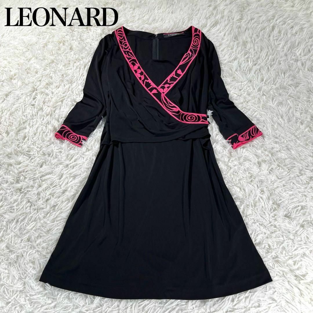 ☘️極美品◆LEONARD◆カンカン素材　トリムデザインワンピース　ブラック