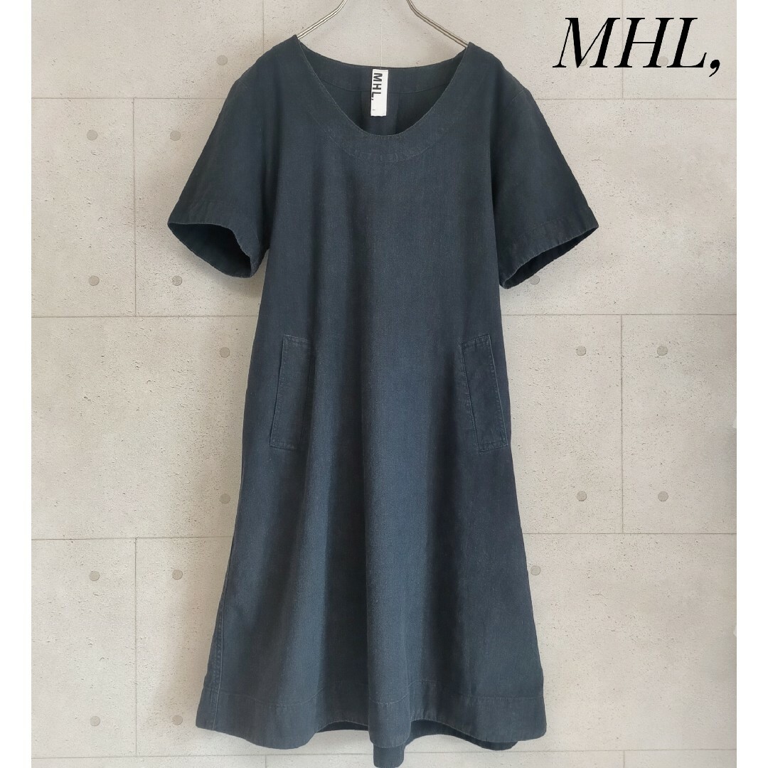 【MHL.】コットンリネン半袖ワンピース サイズ1 ひざ丈 ベルト付き 濃紺