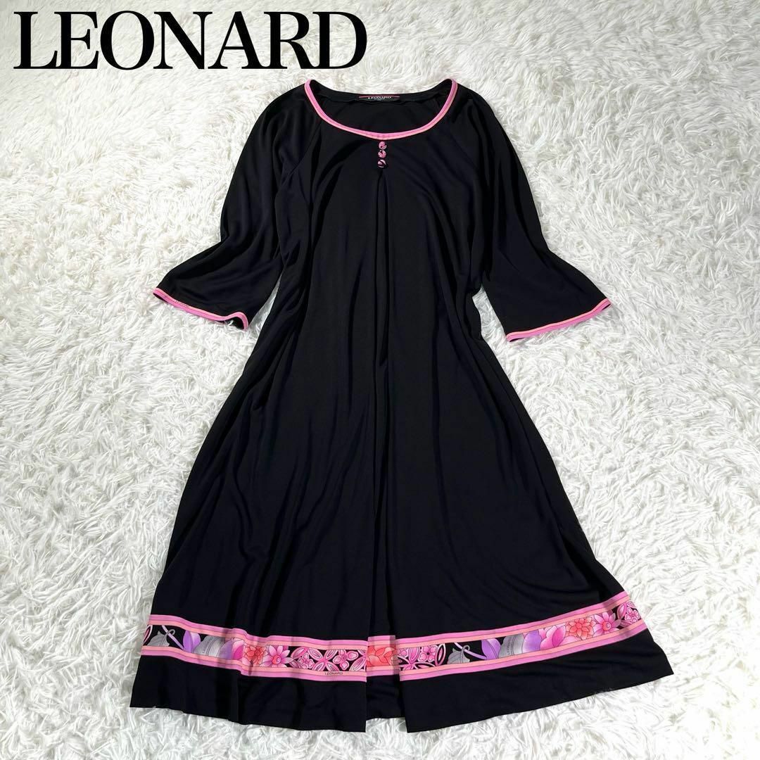 【極美品】LEONARD レオナール　カンカン素材Aライントリム花柄ワンピース