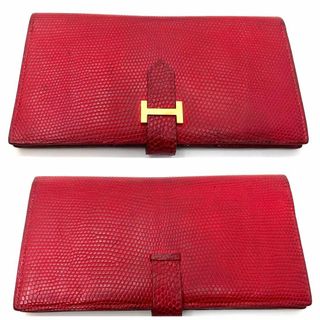 【激レア✨入手困難】エルメス 長財布 べアン リザード A彫刻 長財布 レッド