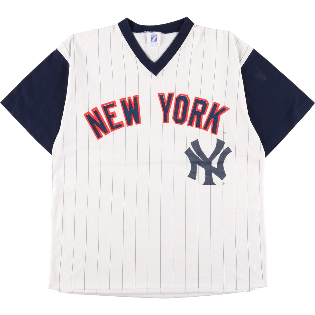 LOGO 7 MLB NEW YORK YANKEES ニューヨークヤンキース ストライプ柄 Vネック スポーツプリントTシャツ USA製 メンズM /eaa352035