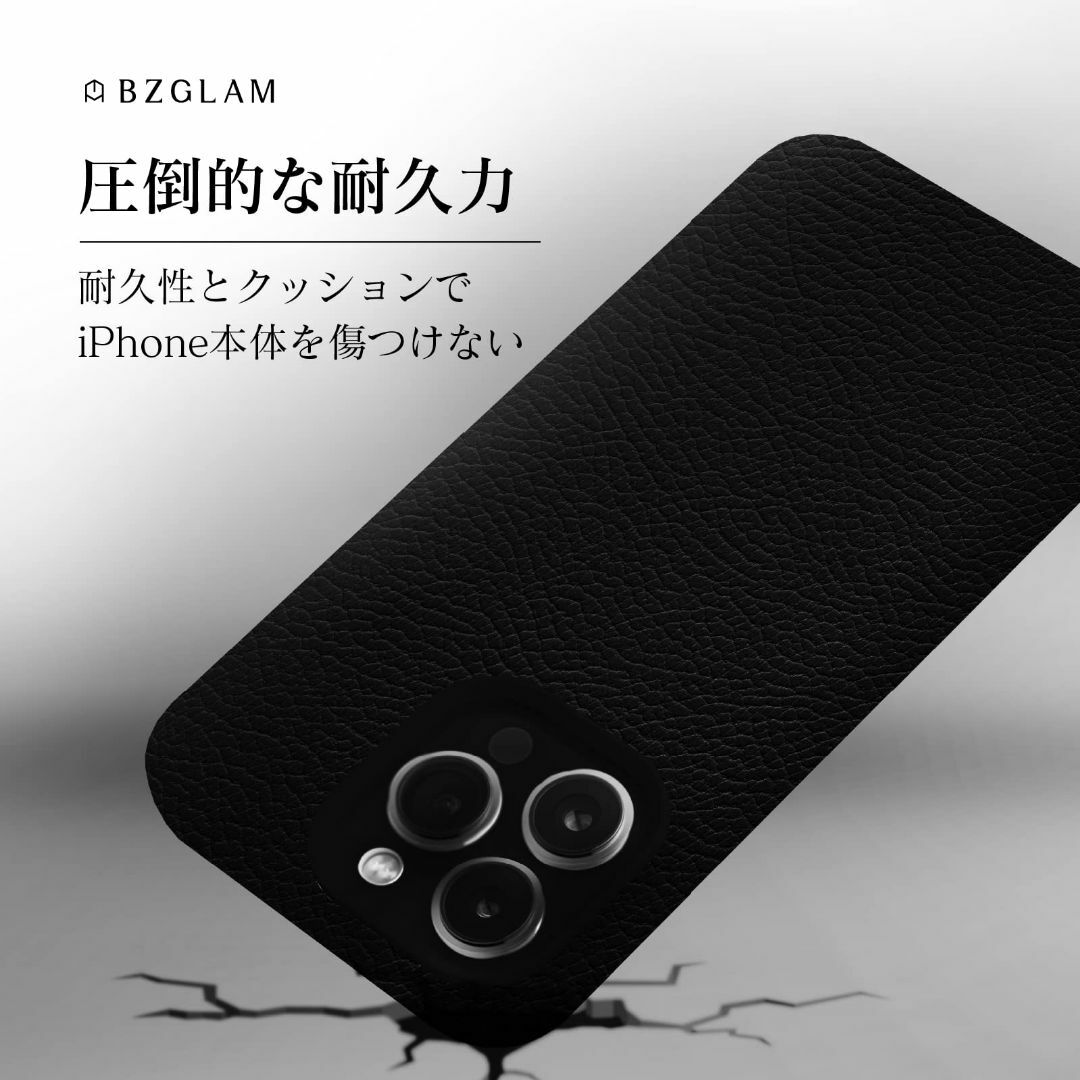 スマホアクセサリー【色: ブラック】BZGLAM 牛革 iPhone14 Pro 対応 本革試験済