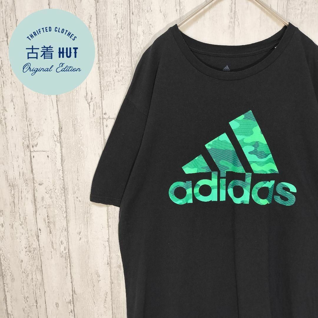 adidas(アディダス)のadidas　カモ柄　ビッグロゴ　オーバーサイズ　USA古着 ブラック　ゆるダボ メンズのトップス(Tシャツ/カットソー(半袖/袖なし))の商品写真