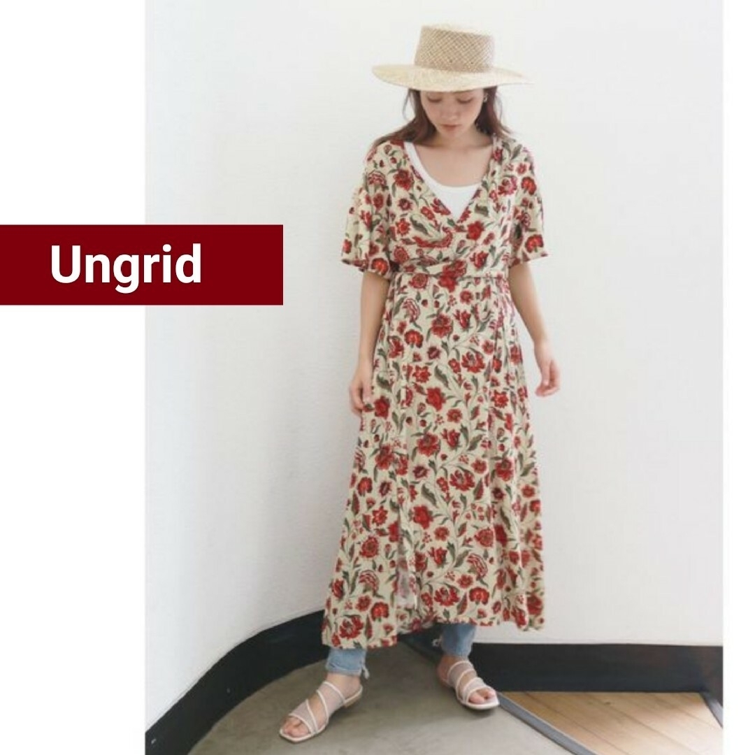 Ungrid(アングリッド)のアングリッド　カシュクールフラワープリントワンピース　ロング　羽織り　総柄　麻混 レディースのワンピース(ロングワンピース/マキシワンピース)の商品写真