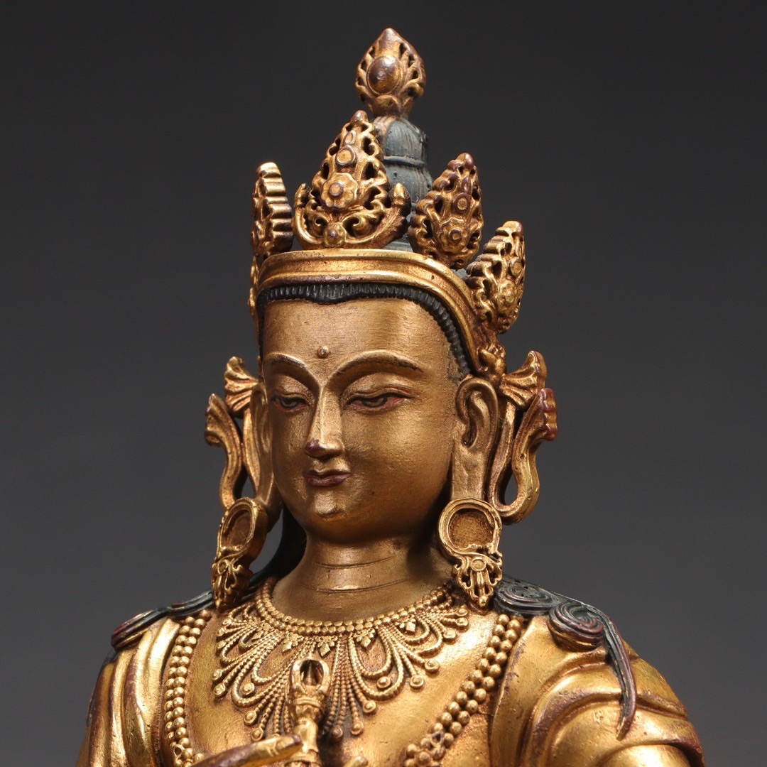 【雅古堂】施銅鎏金 藏傳 観音坐像 古銅製　乾隆 塗金 仏像 チベッ