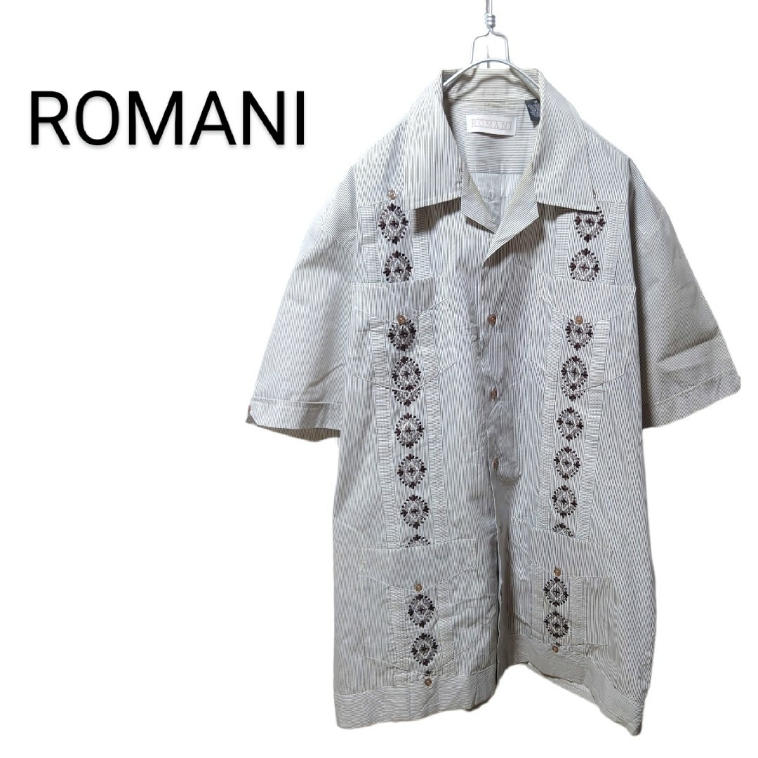 【ROMANI】VINTAGE 刺繍入り ストライプキューバシャツ A-1074襟元一部汚れ写真参照○実寸