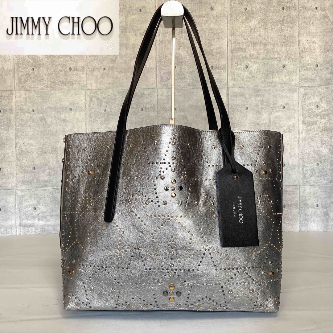 【美品】JIMMY CHOO TWIST メタリックシルバー A4 トートバッグ