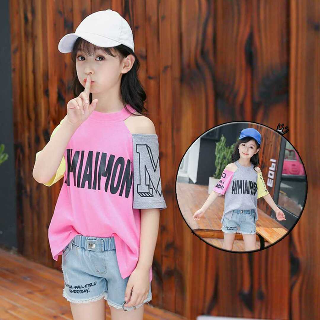 供服 半袖tシャツ キッズ 女の子 英字柄 ドッキング おしゃれ カジュアル キッズ/ベビー/マタニティのキッズ服女の子用(90cm~)(Tシャツ/カットソー)の商品写真