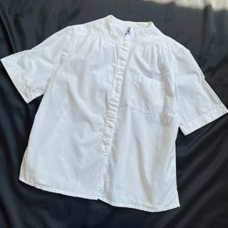 【美品】MHL. 5分袖 シャツ バンドカラー コットン リネン 麻 比翼ボタン