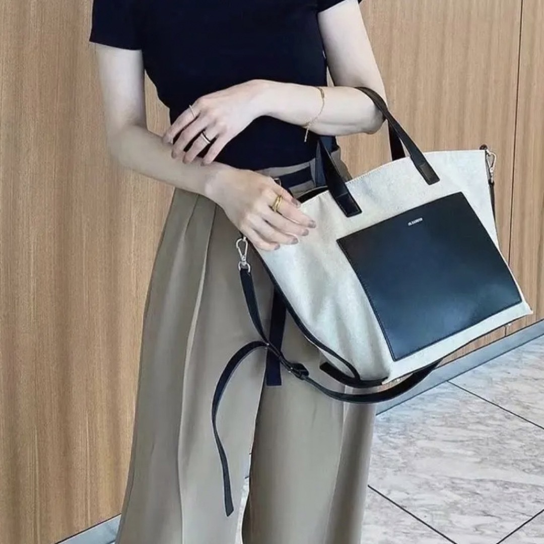 Jil Sander - JIL SANDER ミディアムレザー トリムキャンバス トート