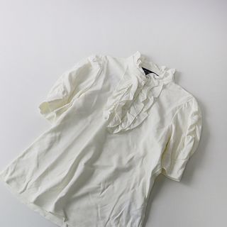 MS GRACY エムズグレイシー カットソー Tシャツ プルオーバー トップス 23春夏 ブラック 黒 38(M) フリルネック ラウンドネック パフスリーブ 半袖 ギンガム チェック コットン 綿 きれいめ フェミニン 大人 ブランド 日本製【レディース】