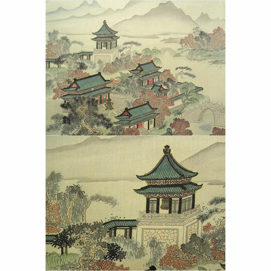 掛軸 炳文題 張文君画『古寒山寺図』中国画 絹本 肉筆 掛け軸 掛軸 炳文題 張文君画『古寒山寺図』中国画 絹本 肉筆 掛け軸