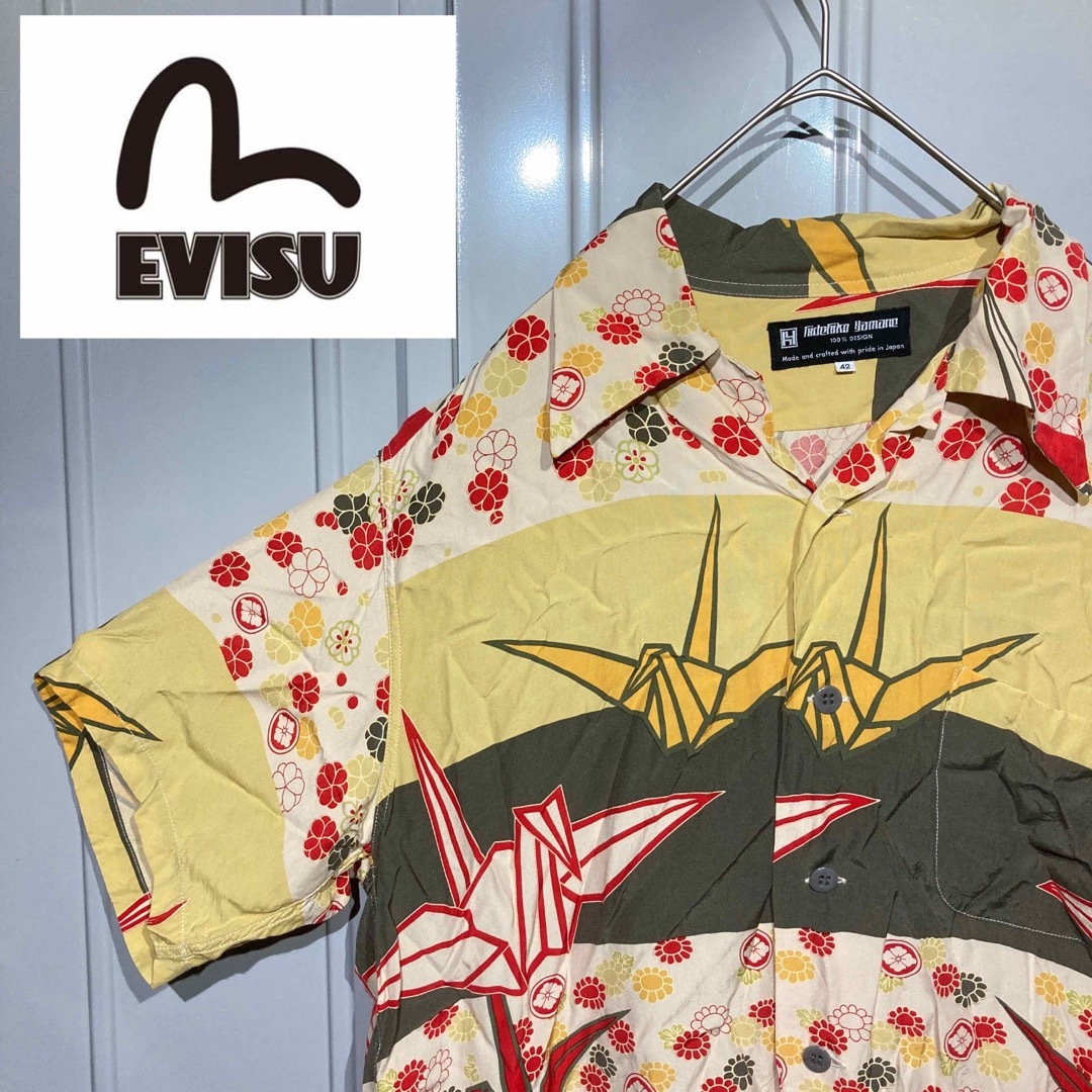EVISU/和柄/鶴/総柄/アロハ/半袖/ボタンシャツ/黄/マルチカラー/XL
