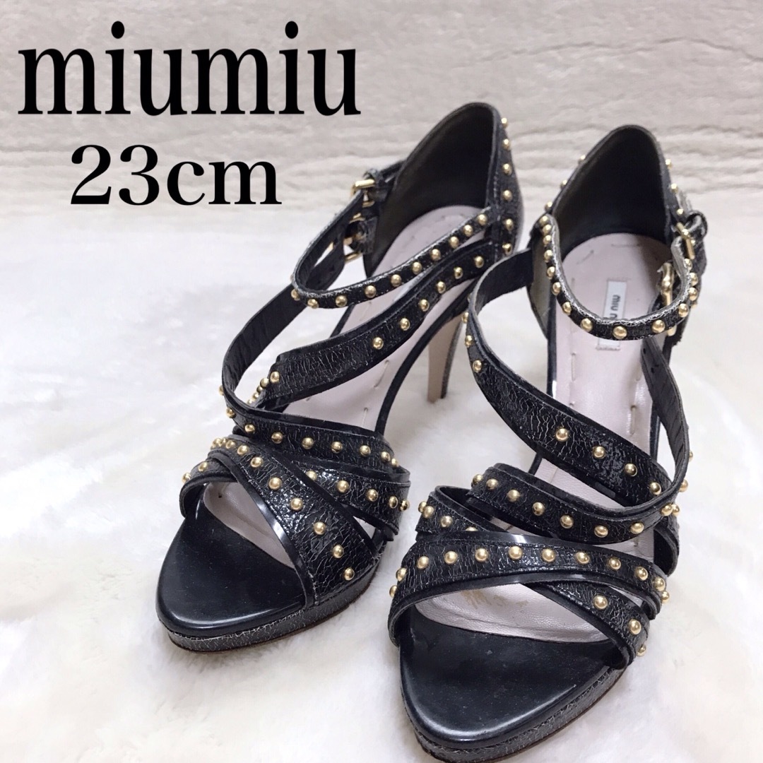 ミュウミュウ miumiu 23cm サンダル スタッズ ストラップ ヒール85cm最大幅