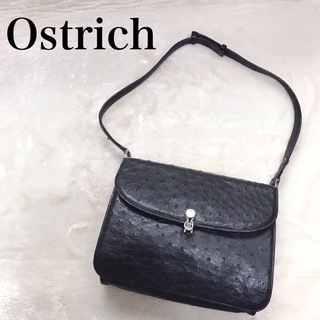 オーストリッチ(OSTRICH)の美品 オーストリッチ レザー ショルダーバッグ クロスボディ フラップ 黒(ショルダーバッグ)