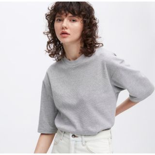 ユニクロ(UNIQLO)のエアリズムコットンオーバーサイズクルーネックT（ボーダー・5分袖）(Tシャツ/カットソー(半袖/袖なし))