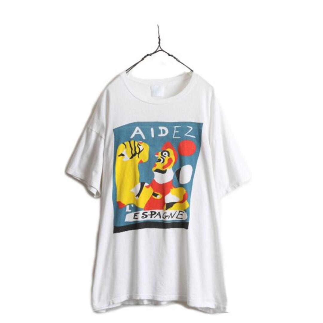 90s ミロ アート イラスト プリント Tシャツ XL 白 シングルステッチ-