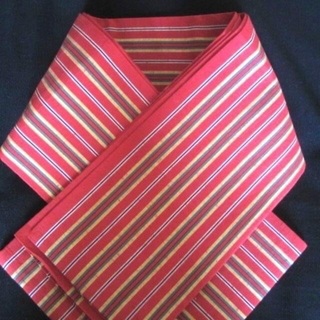 6半幅帯♪浴衣帯♪小袋帯♪木綿縞♪赤にカラフルな縞♪used(浴衣帯)
