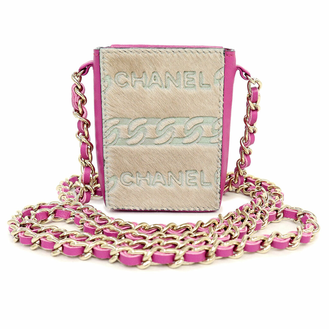 CHANEL(シャネル)のシャネル シガレットケース アクセサリー チェーンショルダー ポーチ 斜め掛け ハラコ ラムスキン レザー ピンク ベージュ CHANEL（新品同様品） レディースのアクセサリー(その他)の商品写真