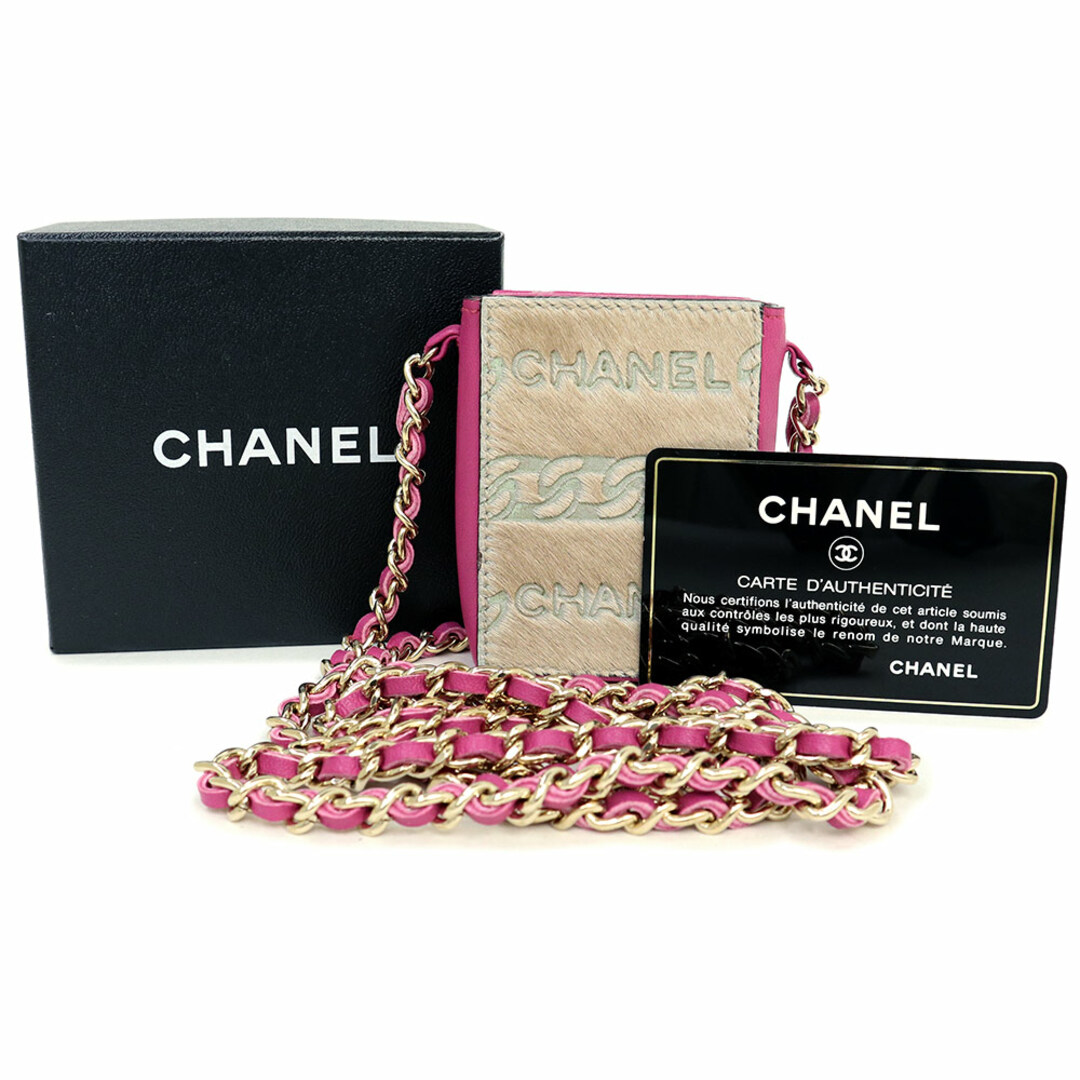 CHANEL(シャネル)のシャネル シガレットケース アクセサリー チェーンショルダー ポーチ 斜め掛け ハラコ ラムスキン レザー ピンク ベージュ CHANEL（新品同様品） レディースのアクセサリー(その他)の商品写真