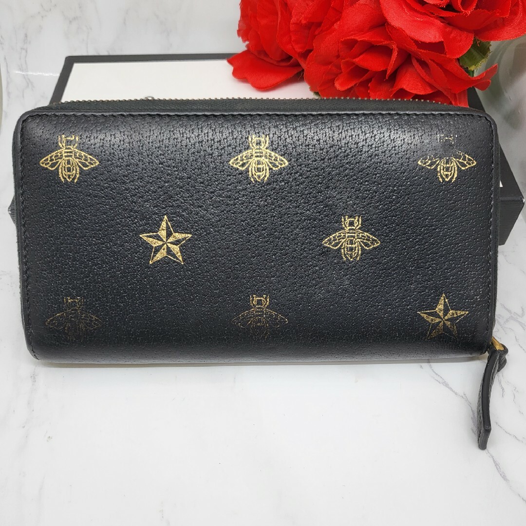 【極美品】 GUCCI グッチ ラウンドファスナー 長財布 財布 蜂 レザー 黒