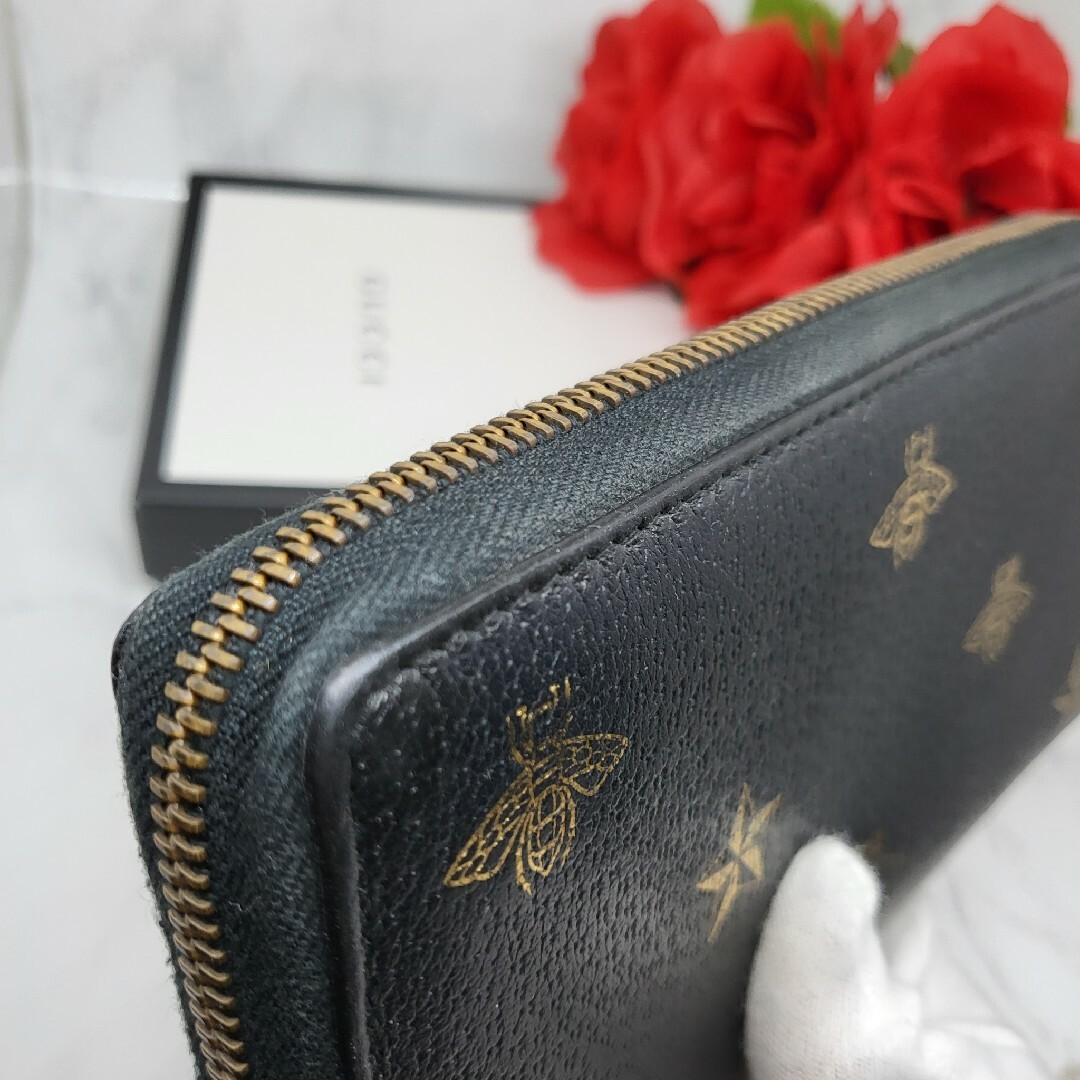 【極美品】 GUCCI グッチ ラウンドファスナー 長財布 財布 蜂 レザー 黒