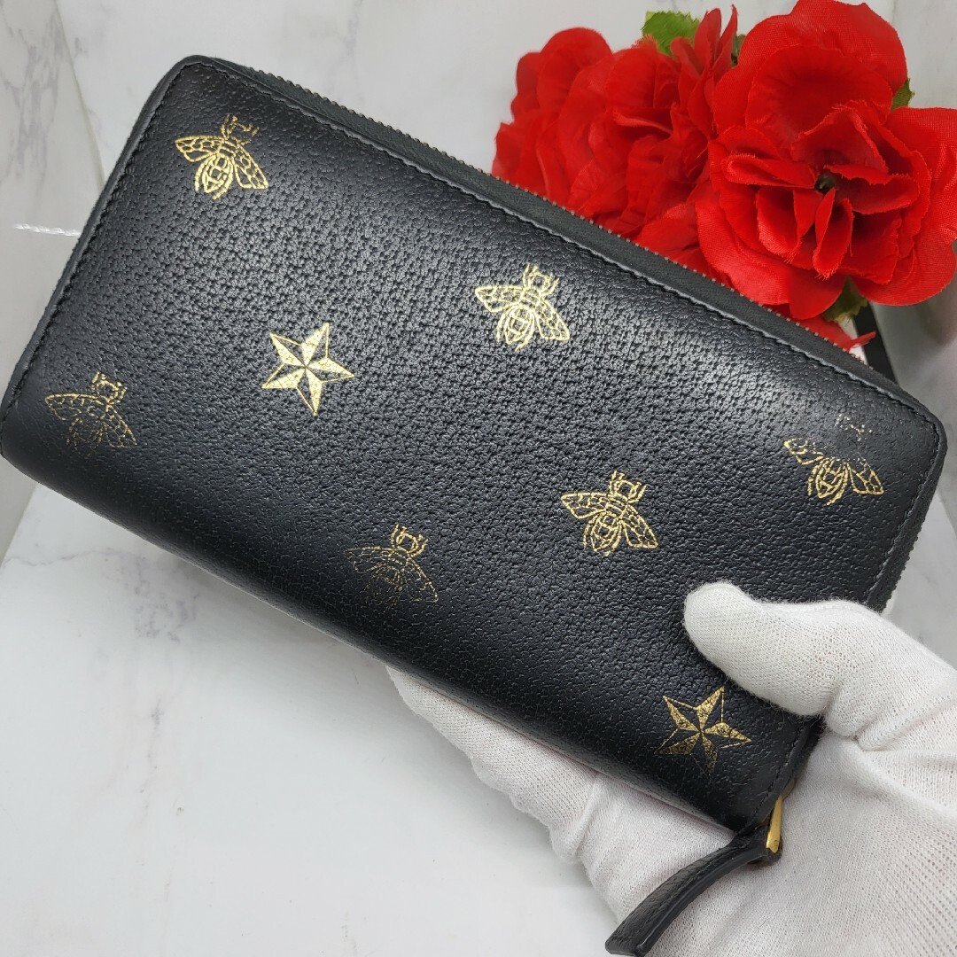 【極美品】 GUCCI グッチ ラウンドファスナー 長財布 財布 蜂 レザー 黒
