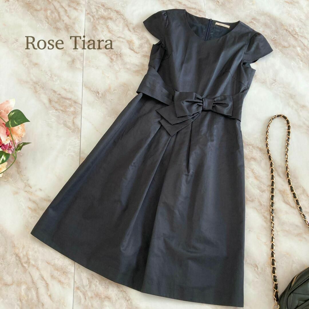 美品　ローズティアラ　Rose Tiara　ワンピース　リボン　濃紺　ネイビー