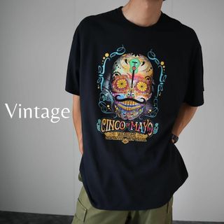 アートヴィンテージ(ART VINTAGE)の【vintage】髑髏 カラフル スカル プリント ルーズ 黒 Tシャツ XL(Tシャツ/カットソー(半袖/袖なし))