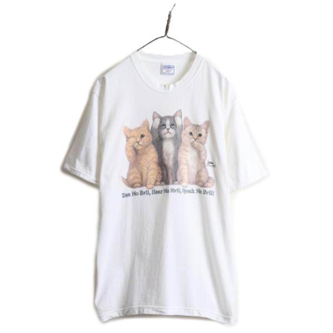 90s USA製 ネコ アート イラスト プリント Tシャツ L アニマル 白