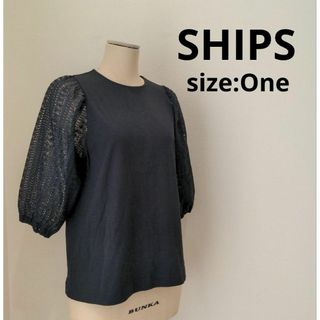 シップス(SHIPS)のシップス SHIPS レーススリーブ コンビ カットソーブラック One 半袖(Tシャツ(半袖/袖なし))