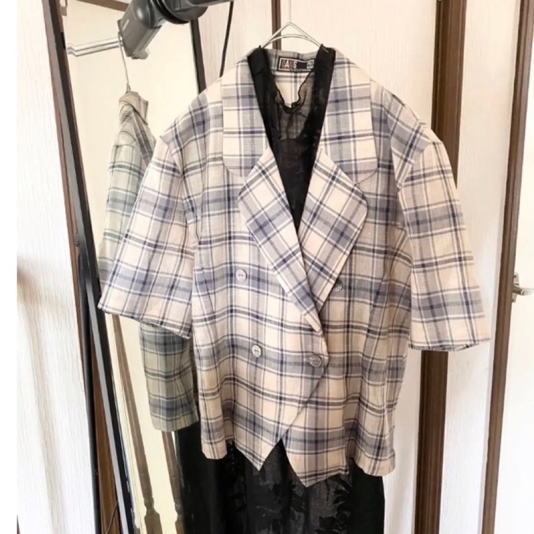 美品 DAKS 80s ダブルブレストがクラシカル チェック半袖ジャケット