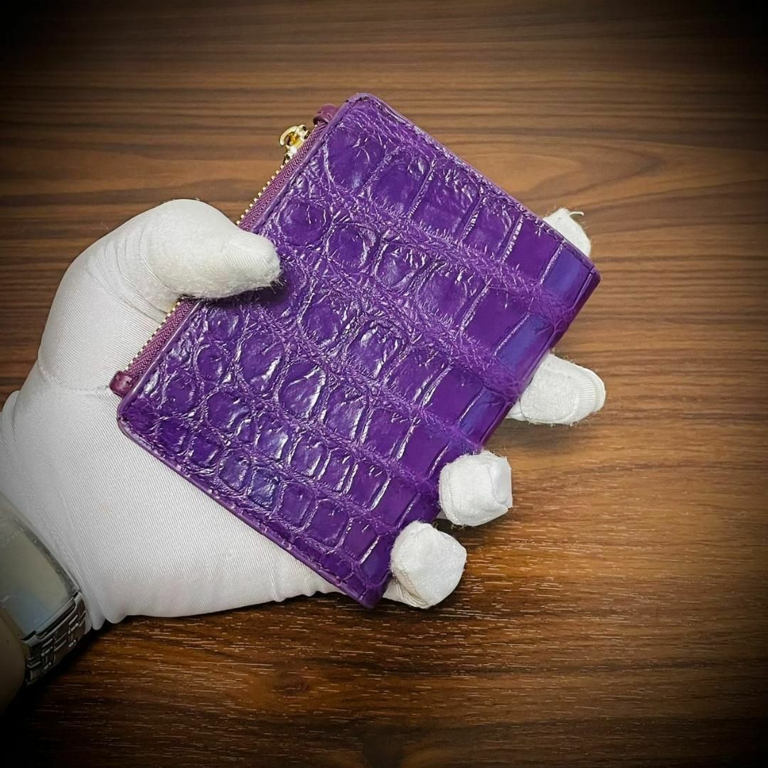 クロコダイル 折財布 二つ折り ワニ革 ハンドメイド 証明書付 パープル 紫 2