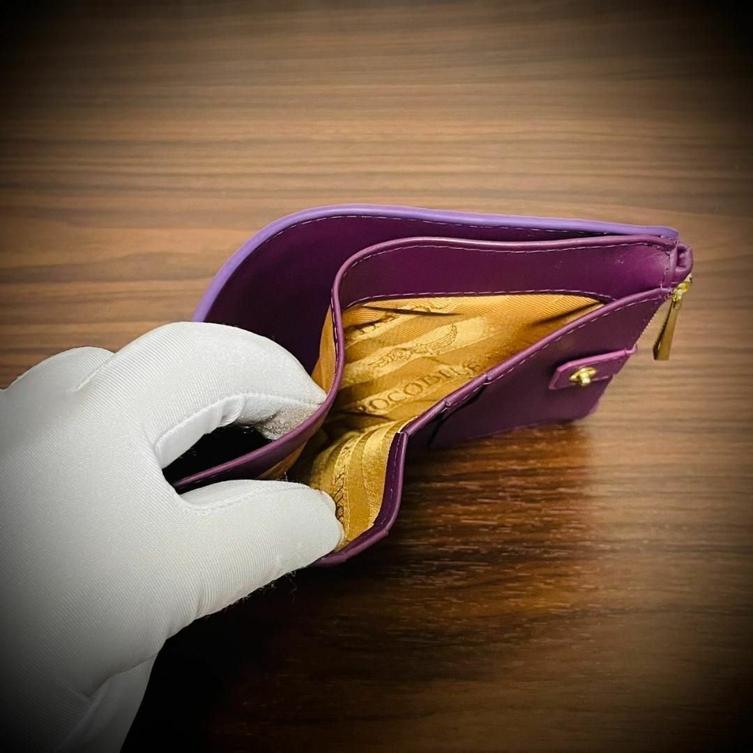 クロコダイル 折財布 二つ折り ワニ革 ハンドメイド 証明書付 パープル 紫 6
