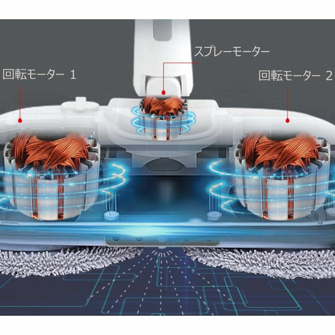 スプレー機能付きのコードレス回転モップ 乾湿両用 長さ調節可