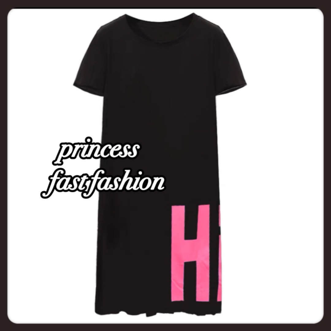 【4L／黒】Hi英字ロゴ＊Tシャツ＊ロングワンピース＊大きいサイズ＊レディース レディースのワンピース(ロングワンピース/マキシワンピース)の商品写真