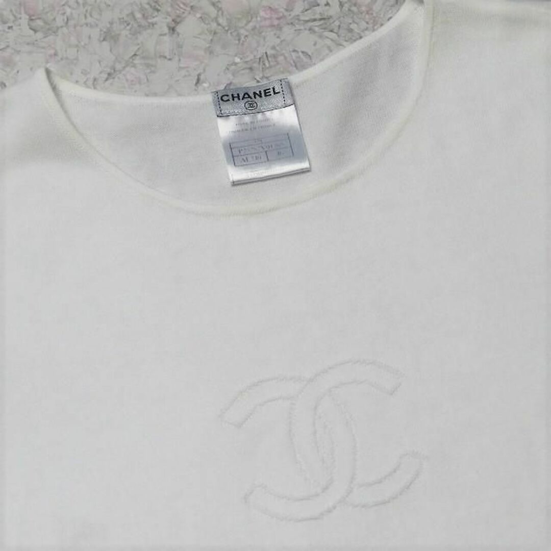 CHANELロゴ刺繍サマーニットTシャツ半袖トップス黒白ヴィンテージシャネル