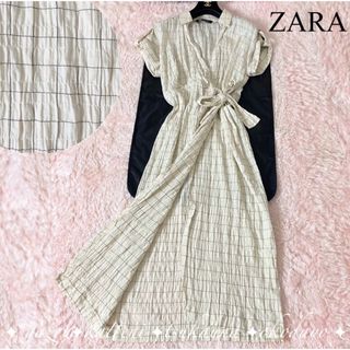 ザラ(ZARA)のザラ ZARA シャツワンピース ロング 総柄 チェック リボンベルト フレア(ロングワンピース/マキシワンピース)