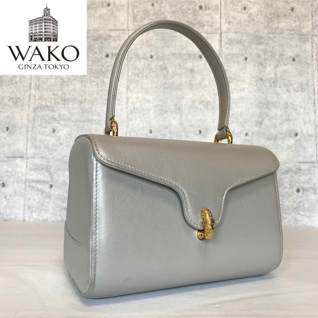 【良品】WAKO 銀座和光 カーフレザー ホワイト ゴールド金具 ハンドバッグ