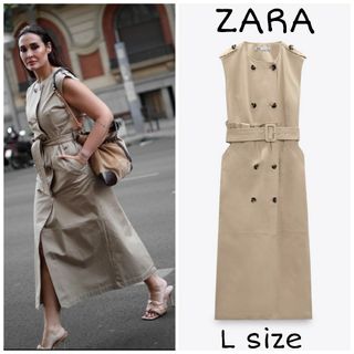 ザラ(ZARA)のZARA　ギャバジンワンピース ベルト　Lサイズ　ベージュ系(ロングワンピース/マキシワンピース)