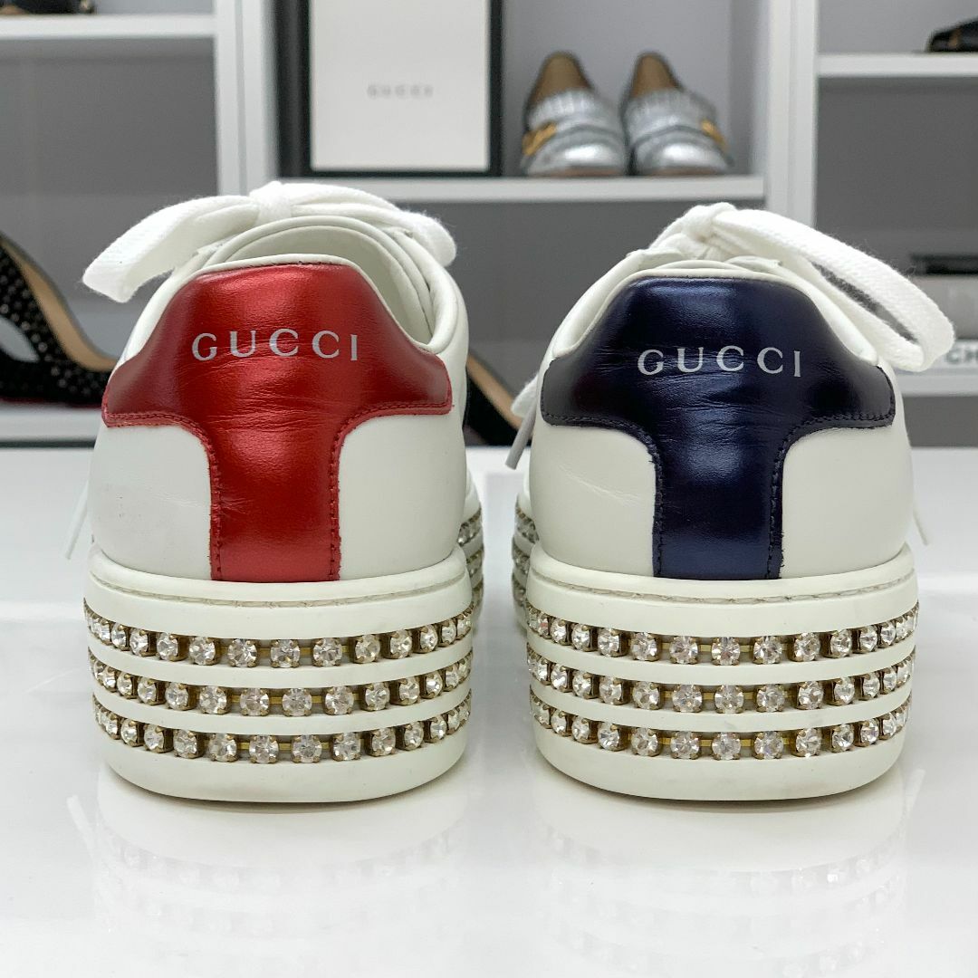美品 GUCCI グッチ スニーカー レザー クリスタルbee ホワイト-