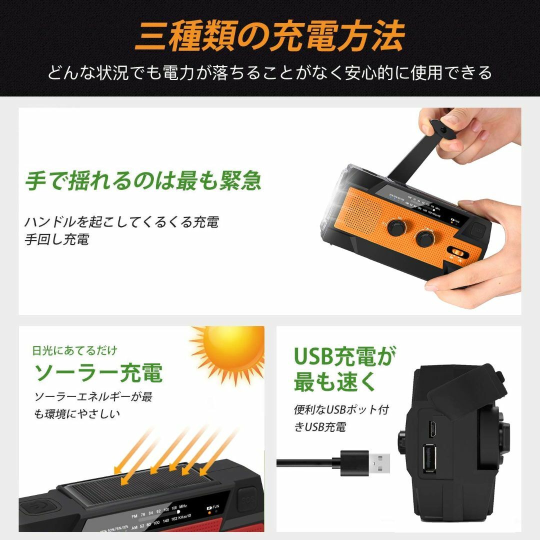 【カラー: レッド-4000mAH】防災ラジオ 手回し充電ラジオ 非常用 ラジオ 6