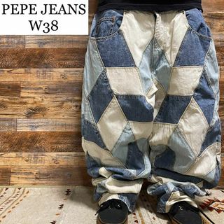 ペペジーンズ(Pepe Jeans)のぺぺジーンズパッチワークバギーデニムジーンズ刺繍b系極太古着オーバーサイズw38(デニム/ジーンズ)