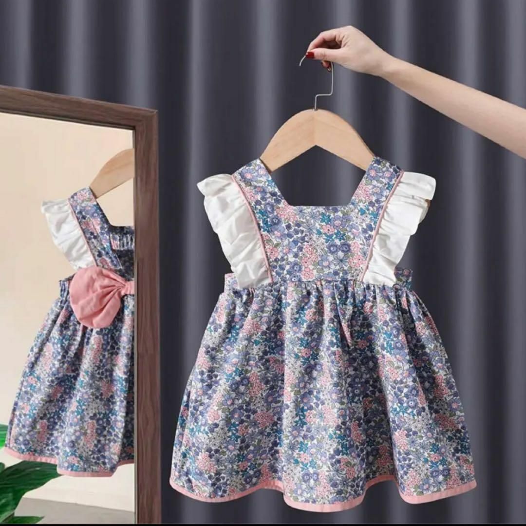 フリル リボン　ワンピース　花柄　ピンク　90 キッズ/ベビー/マタニティのキッズ服女の子用(90cm~)(ワンピース)の商品写真