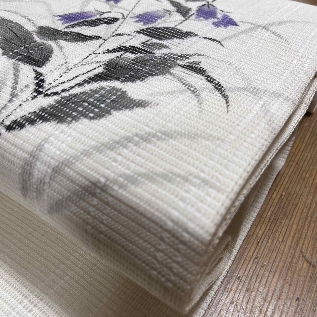 麻 手織り 絽 染帯 夏帯 ホタル袋 紫の花 名古屋帯