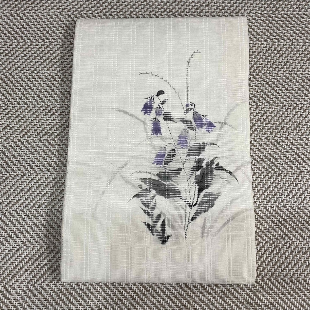 麻 手織り 絽 染帯 夏帯 ホタル袋 紫の花 名古屋帯