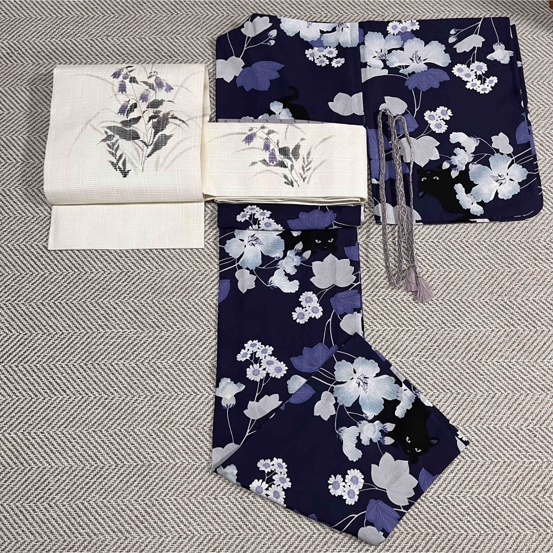 麻　手織り　絽　染帯　夏帯　ホタル袋　紫の花　名古屋帯