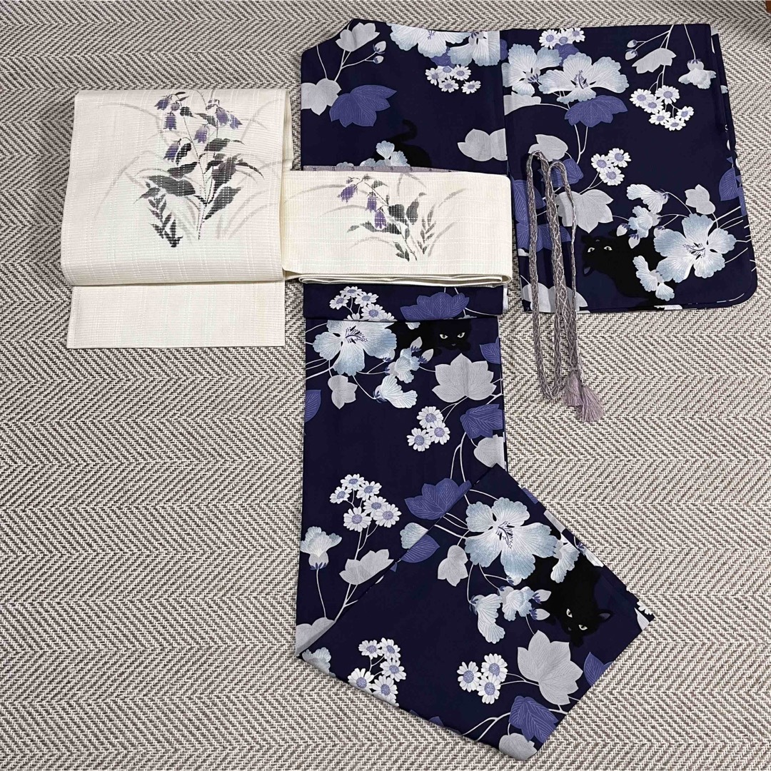 麻 手織り 絽 染帯 夏帯 ホタル袋 紫の花 名古屋帯